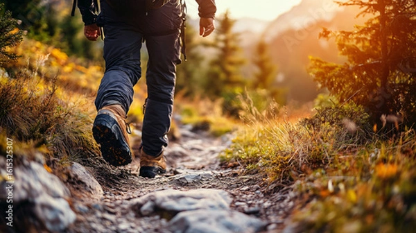 Obraz Person walking along a winding trail surrounded by scenic views of nature and mountain peaks