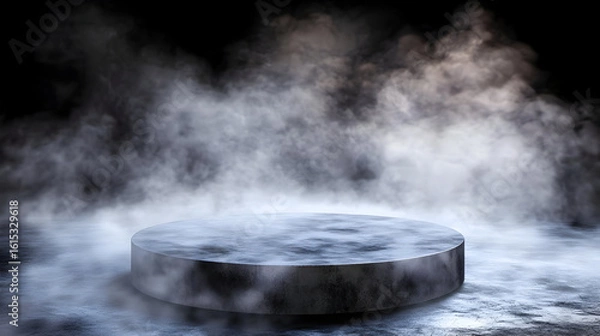 Fototapeta Dark, smoky, circular podium.  Foggy,  sleek,  minimalist presentation platform