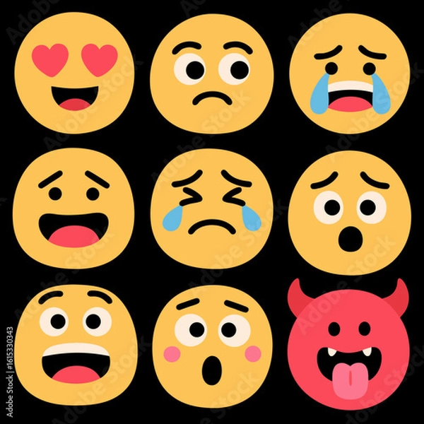 Obraz Collection of diverse emoji expressions showing various human emotions and reactions in yellow and red