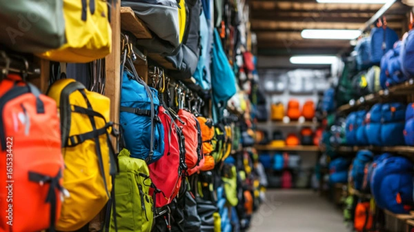 Fototapeta Collection of colorful backpacks piled together displaying various styles and patterns in a row