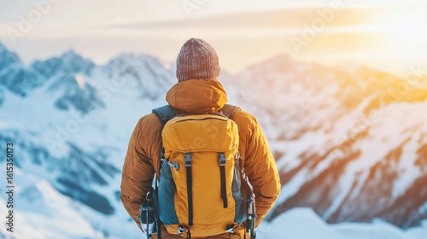 Fototapeta Adventurous person with a backpack enjoying a scenic outdoor journey through nature's beautiful landscape