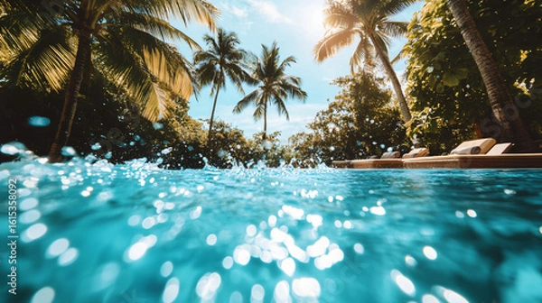 Fototapeta Inviting pool surrounded by tropical palm trees under bright sunshine creating a relaxing atmosphere