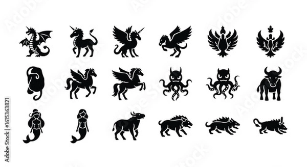 Fototapeta Vector silhouette illustration collection of mythical creature silhouettes including a pegasus, unicorn, octopus, bull, and dragon, isolated on white background