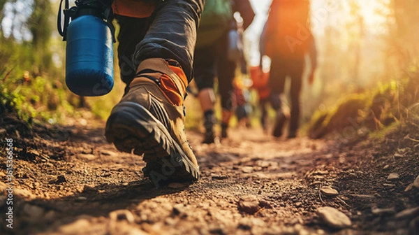 Fototapeta Person walking on a scenic trail surrounded by lush greenery and serene natural landscape