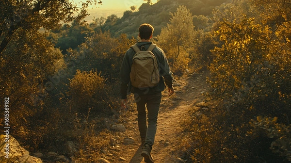 Fototapeta Person walking down a scenic trail surrounded by lush greenery and colorful blossoms in nature