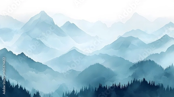 Fototapeta Misty mountain range in soft blue hues.
