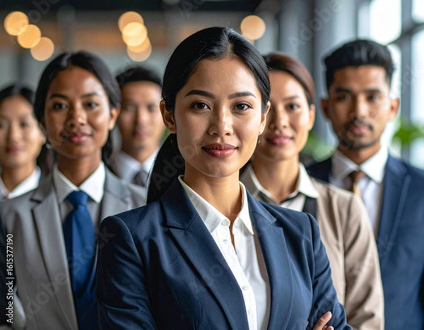 Fototapeta Professional business team standing in line at office entrance. Formal attire, corporate setting, warm lighting, leadership and teamwork concept in modern work environment