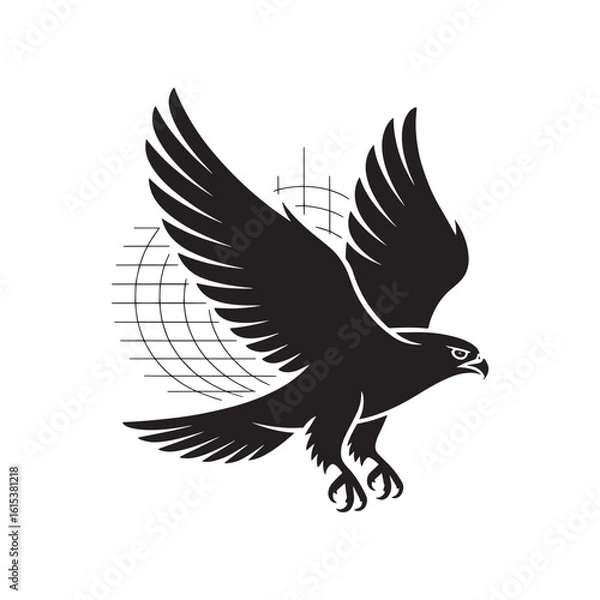 Fototapeta Black silhouette of a hawk with outstretched wings and a globe grid falcon eagle
