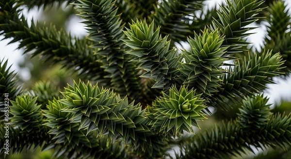 Fototapeta Close-up View of a Lush Green Monkey Puzzle Tree Branches in Sharp Detail