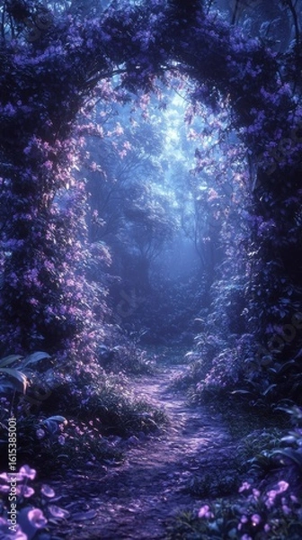 Fototapeta Walking Through Floral Archway in Enchanted Forest at Dusk