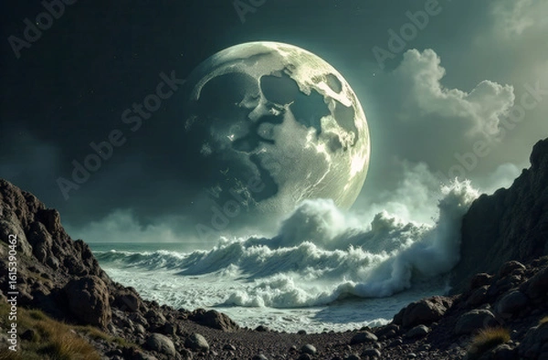Fototapeta close-up of the moon against the background of waves near a rocky shore. cyclical phases of the moon and its influence on nature