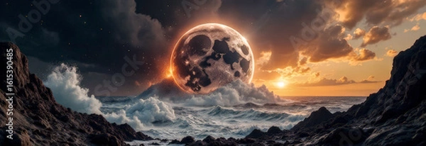 Fototapeta The moon banner on the background of waves near the rocky shore. cyclical phases of the moon and its influence on nature