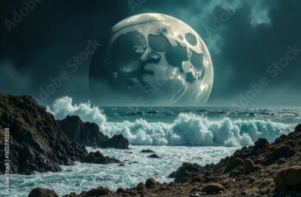 Fototapeta close-up of the moon against the background of waves near a rocky shore. cyclical phases of the moon and its influence on nature