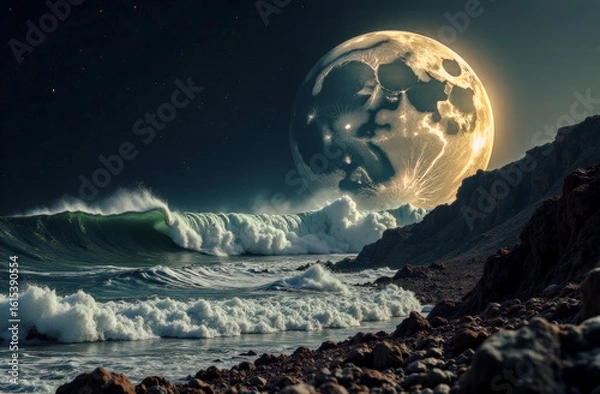 Fototapeta close-up of the moon against the background of waves near a rocky shore. cyclical phases of the moon and its influence on nature