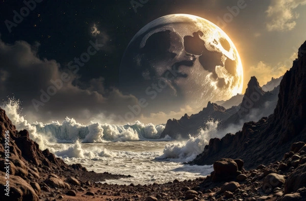 Fototapeta close-up of the moon against the background of waves near a rocky shore. cyclical phases of the moon and its influence on nature