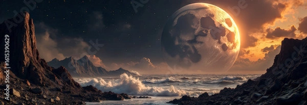 Fototapeta The moon banner on the background of waves near the rocky shore. cyclical phases of the moon and its influence on nature