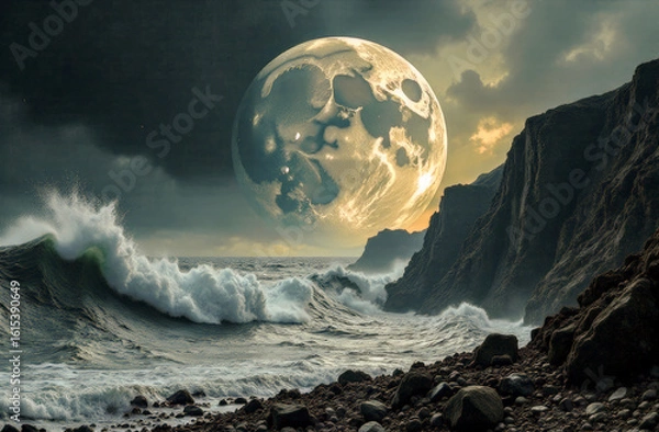 Fototapeta close-up of the moon against the background of waves near a rocky shore. cyclical phases of the moon and its influence on nature