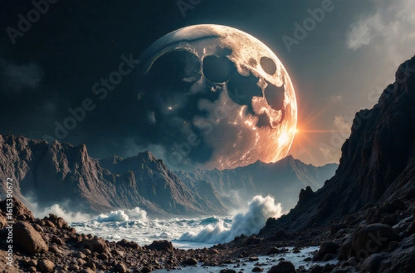 Fototapeta close-up of the moon against the background of waves near a rocky shore. cyclical phases of the moon and its influence on nature
