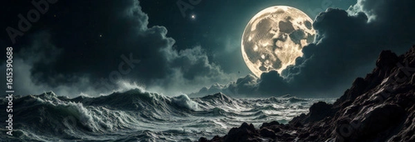 Fototapeta The moon banner on the background of waves near the rocky shore. cyclical phases of the moon and its influence on nature