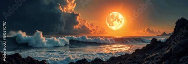 Fototapeta The moon banner on the background of waves near the rocky shore. cyclical phases of the moon and its influence on nature