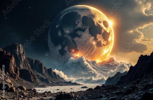 Fototapeta close-up of the moon against the background of waves near a rocky shore. cyclical phases of the moon and its influence on nature