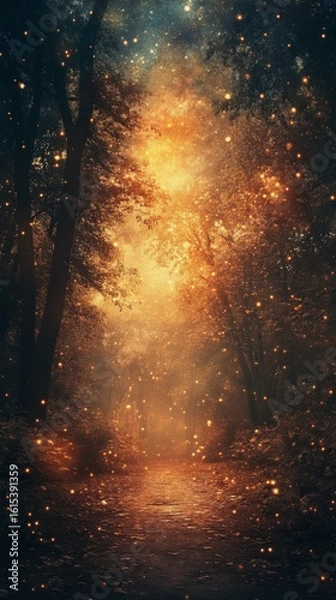 Fototapeta Walking Through Forest Path with Magical Glowing Light and Dust