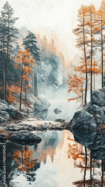 Fototapeta Lake Reflection with Autumn Trees in a Misty Mountain Landscape