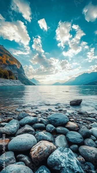 Fototapeta Scenic Mountain Lake View with Rocks and Sky