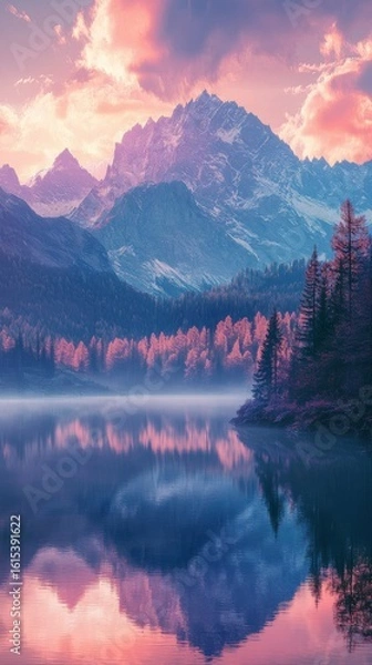 Fototapeta Mountain Lake Reflection at Sunset with Forest and Cloudy Sky