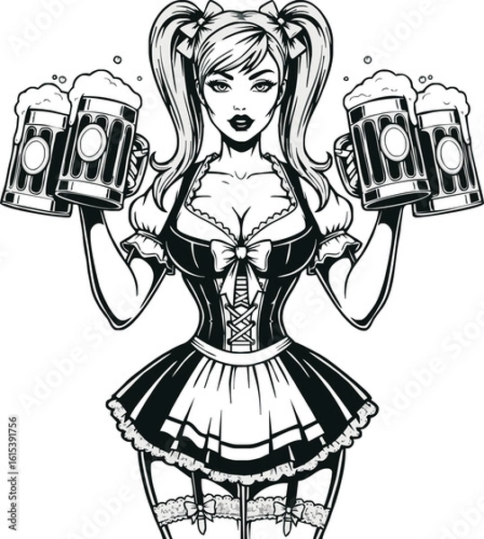 Fototapeta A beautiful barmaid in a dirndl with pigtails holds four large mugs of frothy beer.