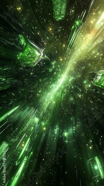 Obraz Abstract Green Light Streaks and Floating Geometric Shapes Art