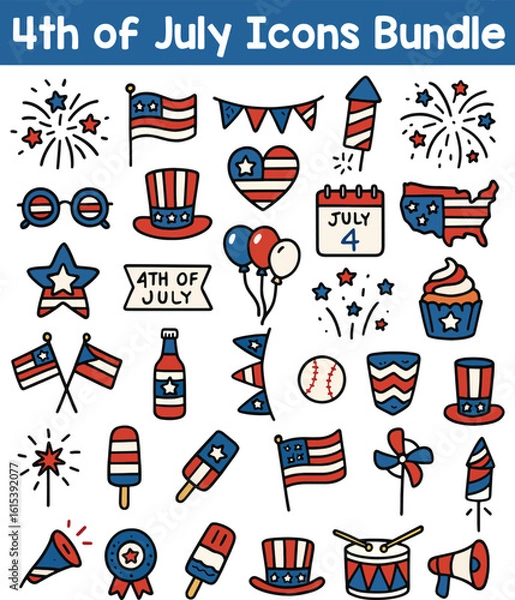 Fototapeta Set of Colorful 4th of july icons. Doodle style icon vector bundle.eps