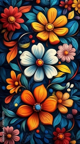 Fototapeta Colorful Flower Pattern with Stylized Leaves and Artistic Design