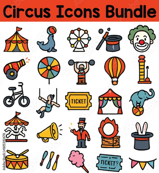 Fototapeta Set of Colorful Circus icons. Doodle style icon vector bundle.eps