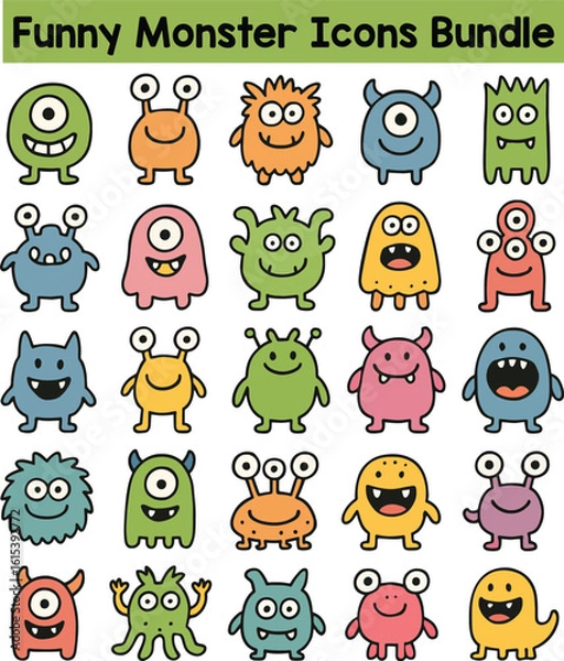 Fototapeta Set of Colorful funny monster icons. Doodle style icon vector bundle.eps