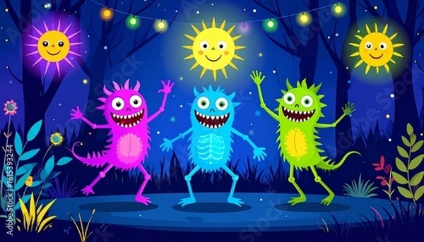 Fototapeta Dancing glowing cartoon monsters in magical forest under party lights in Halloween night scene1