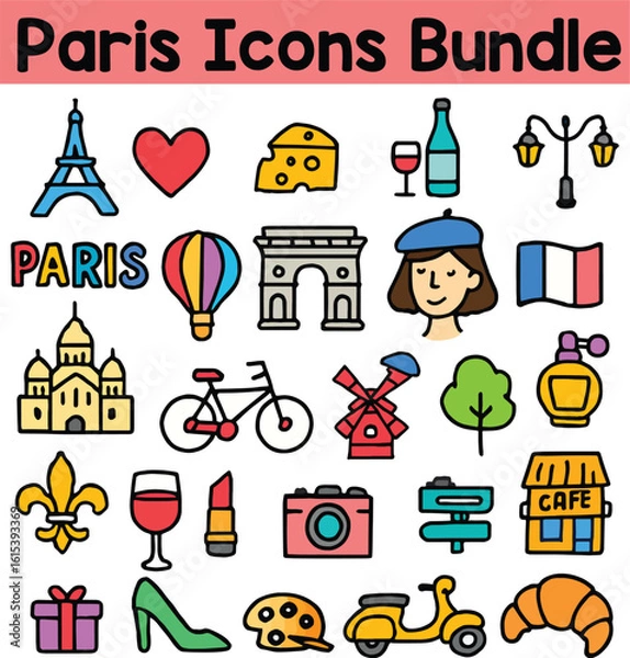 Fototapeta Set of Colorful Paris icons. Doodle style icon vector bundle.eps