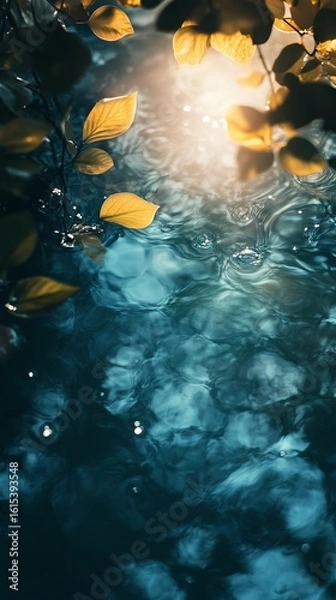Fototapeta Leaves Falling Onto Water Surface with Reflections and Ripples