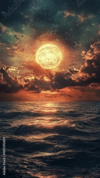 Fototapeta Ocean at Night with Glowing Orb and Birds Flying Above Waves