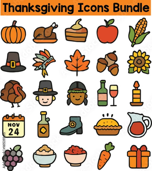 Fototapeta Set of Colorful thanksgiving icons. Doodle style icon vector bundle.eps