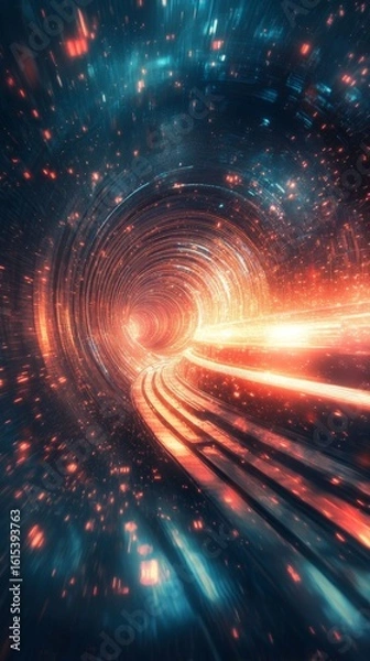 Fototapeta Journey Through a Digital Tunnel with Glowing Lights and Tech Elements
