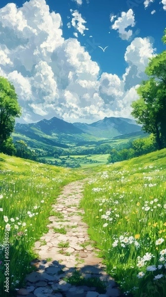 Fototapeta Walking Path Through Meadow to Distant Mountains on Sunny Day