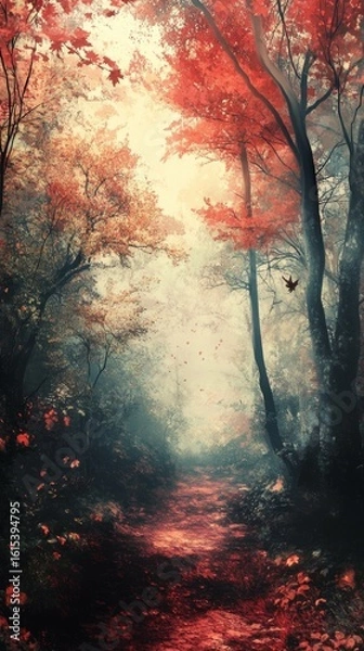 Fototapeta Walking Trail Through Autumn Forest with Red Leaves and Fog