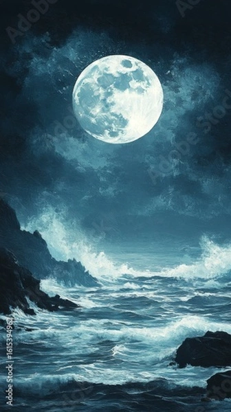 Obraz Ocean Waves Crashing Under Full Moon Night Sky Coastal Scene
