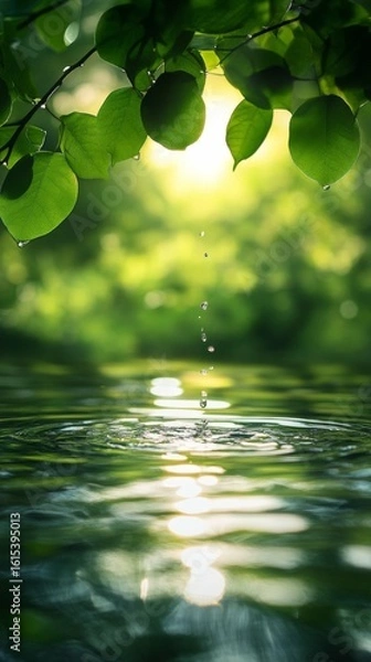 Obraz Water Drop Falling Into Pond with Green Leaves and Sunlight