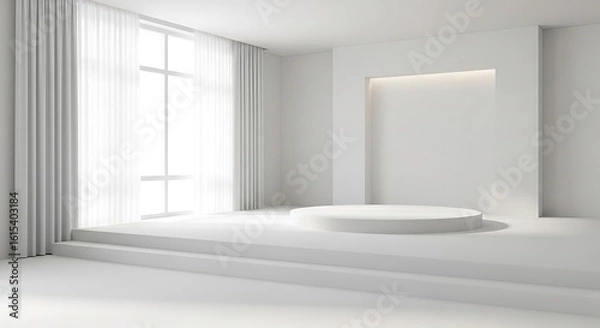 Fototapeta A minimalist white room with a stage for product presentation