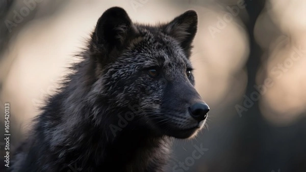 Fototapeta A close-up portrait of a black wolf with a blurred natural background, showcasing its detailed fur and alert expression.