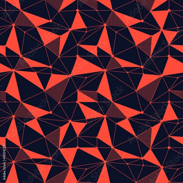 Obraz Geometric line hipster seamless pattern with triangle, dot. Reticulated abstract linear grid. Retro scrapbook. Vector illustration. Memphis shapes background. Abstract jumble graphic texture.