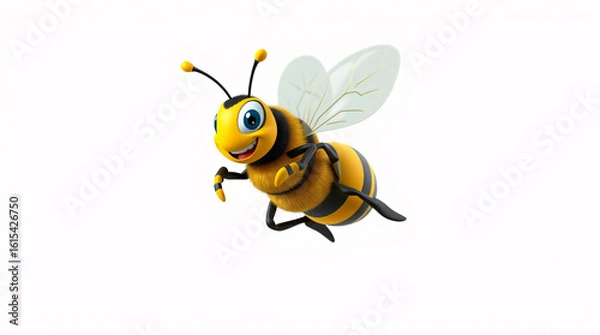 Obraz A cheerful cartoon bee with a friendly smile, flying joyfully in a soft pastel background.