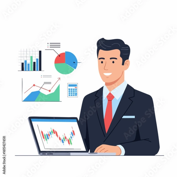 Fototapeta Vector Professional SVG Illustration of Businessman with Data Charts in Flat Geometric Style for Digital Presentation